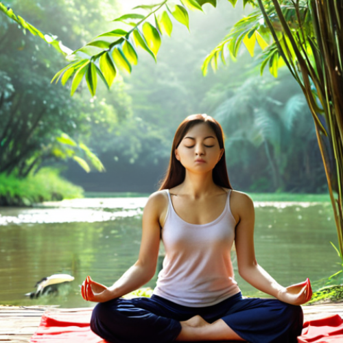 **

A serene woman meditating in a lush green park in Vietnam. Sunlight filters through the trees, illuminating her peaceful expression. She is surrounded by the sounds of nature – birds chirping, leaves rustling. In the background, a gentle river flows. The scene captures a sense of tranquility and connection with nature.
*(Details to add to Stable Diffusion: Focus on a slightly hazy, dreamy effect to emphasize the peaceful atmosphere. Style could lean towards impressionistic or painterly.)*

**