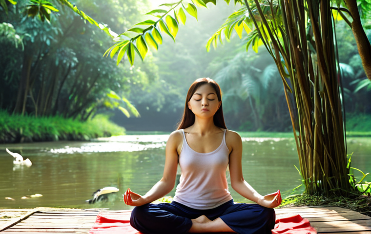 **
A serene woman meditating in a lush green park in Vietnam. Sunlight filters through the trees, illuminating her peaceful expression. She is surrounded by the sounds of nature – birds chirping, leaves rustling. In the background, a gentle river flows. The scene captures a sense of tranquility and connection with nature.
*(Details to add to Stable Diffusion: Focus on a slightly hazy, dreamy effect to emphasize the peaceful atmosphere. Style could lean towards impressionistic or painterly.)*
**